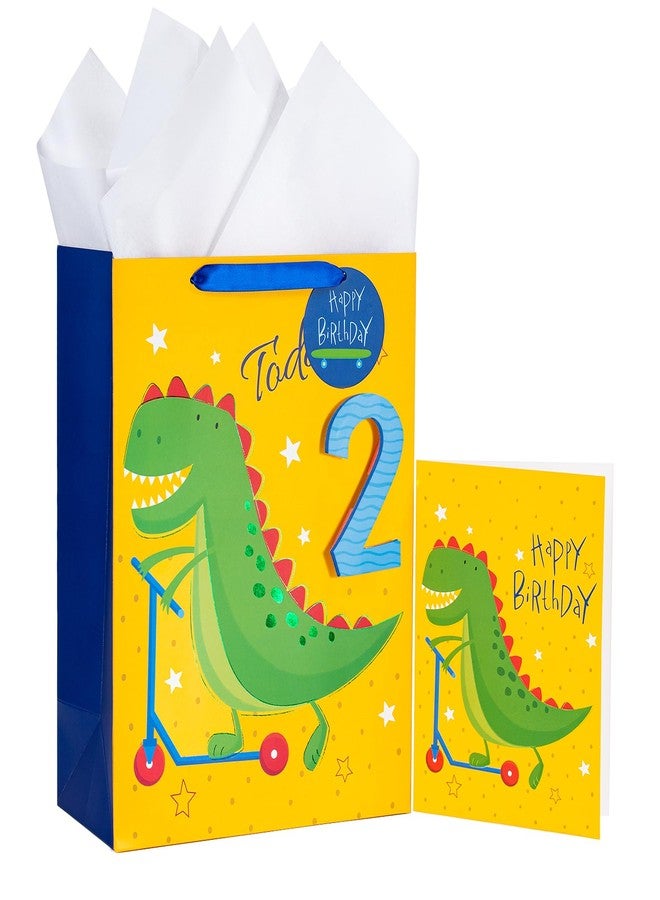 WRAPAHOLIC 13" Large 2nd Dinosaur Birthday Gift Bag with Card and Tissue Paper - Adorable Dinosaur and Today 2 Lettering for Boys Birthday - Image 1